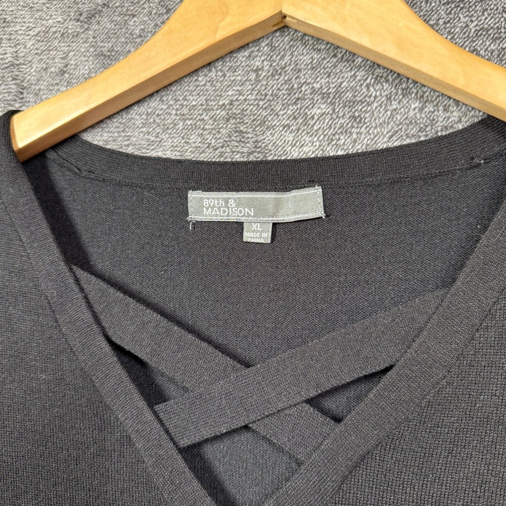 89th & Madison Top Womens XL Black Crisscross V-Neck 3/4 Sleeve Knit Sweater - Picture 2 of 7